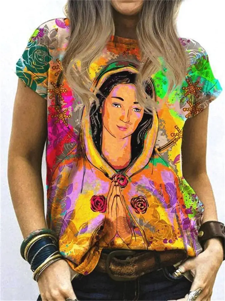 

Shorts Sleeve Tops Virgin Mary of Kawai Guadalupe Clothing Fashion Oversized T-Shirts for Women Vintage Tie-dye Woman T Shirts