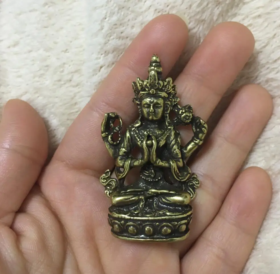 Медная Статуя Тибетский буддизм Miao серебро 4 руки Chenrezig Buddha статуя