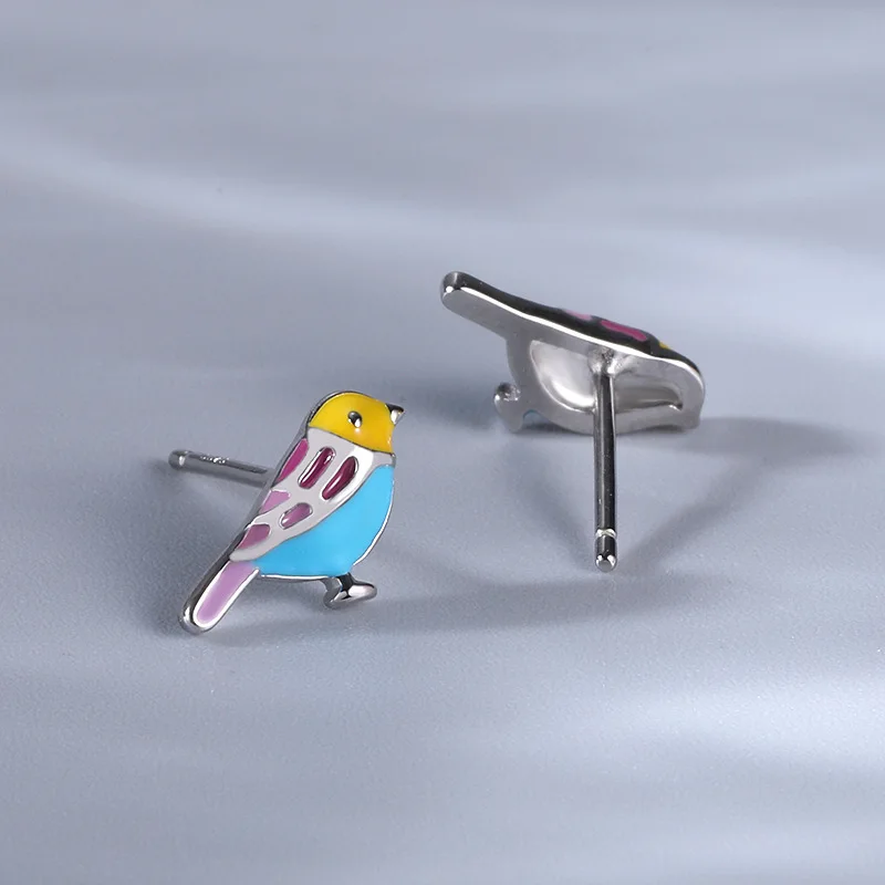 

ElfoPlataSi Genuine 925 Sterling Silver Fashion Animal Glaze Birds Charm Stud Earring For Women Best Friend Fine Jewelry DA2184