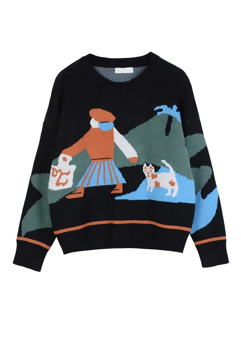 Осенний дизайн повседневный свободный женский Зимний пуловер свитера черный