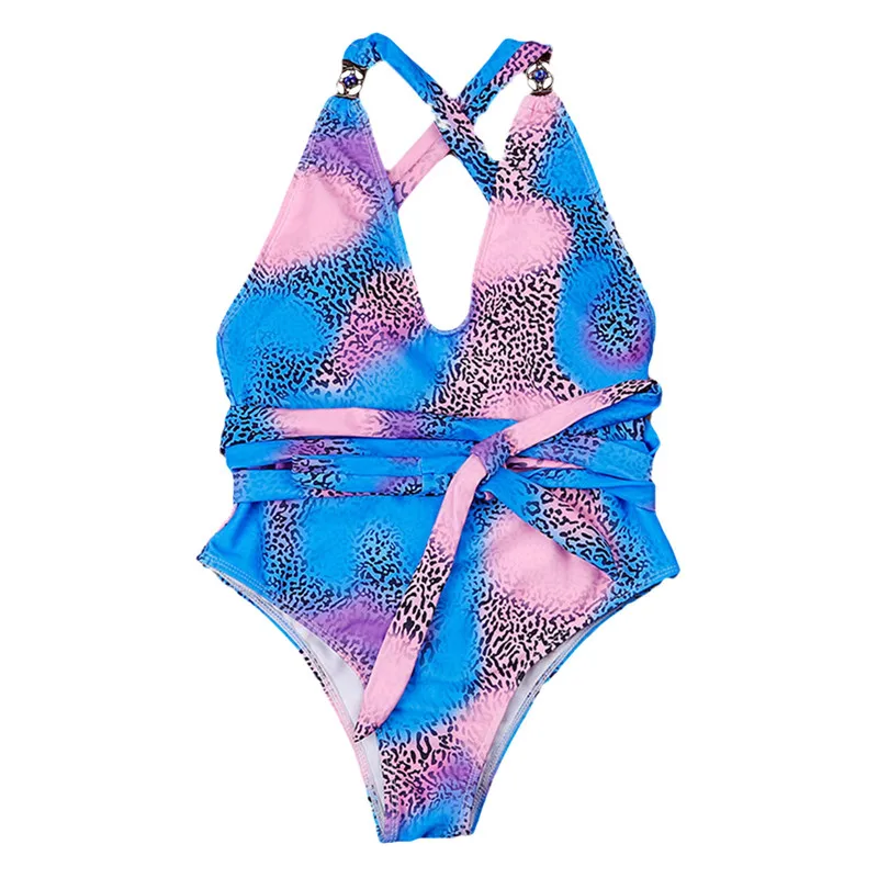 Женский сексуальный слитный леопардовый купальник с открытой спиной без рукавов