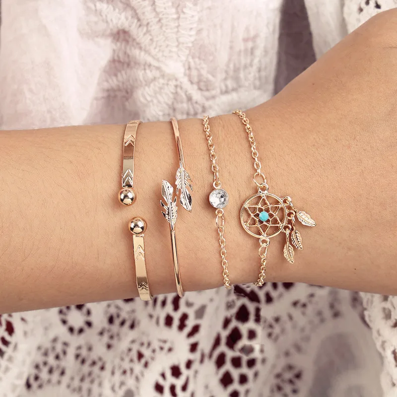 Sindlan 4 шт. золотые Толстые браслеты в виде перьев Набор браслетов Boho Dreamcatcher очаровательные браслеты для женщин наручные браслеты Femme ювелирные изделия