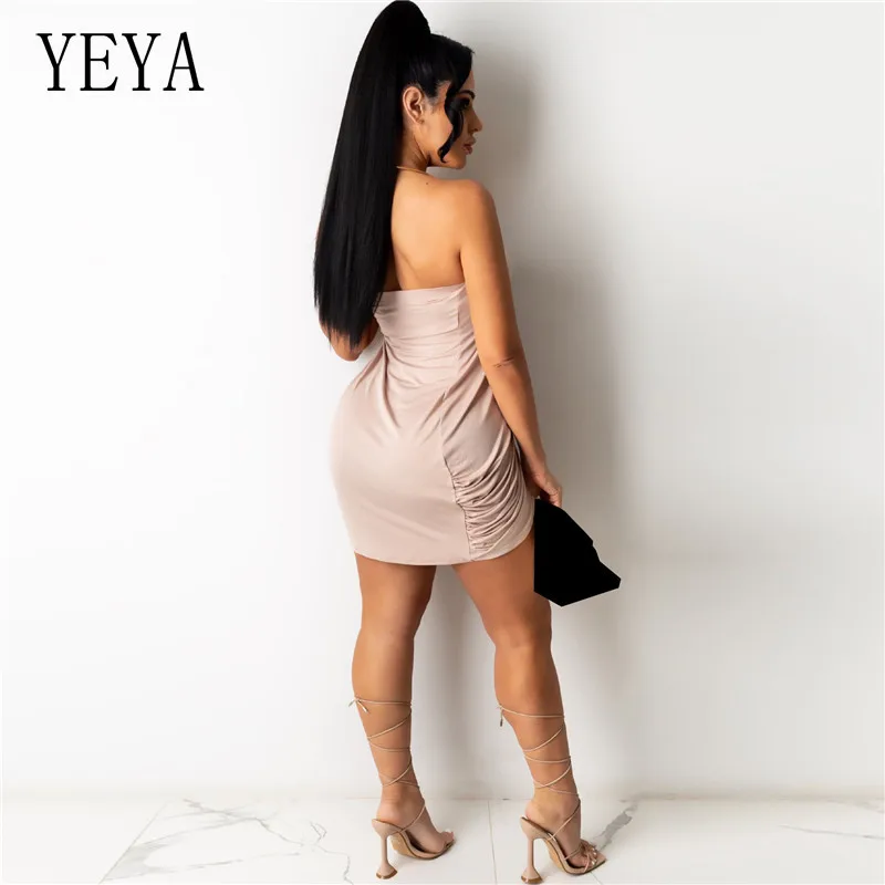 

YEYA Elegant Ruched Pencil Dress Plus Size S-4XL Slash Neck Women Mini Bandage Pleated Bodycon Club Party Dresses Summer Style