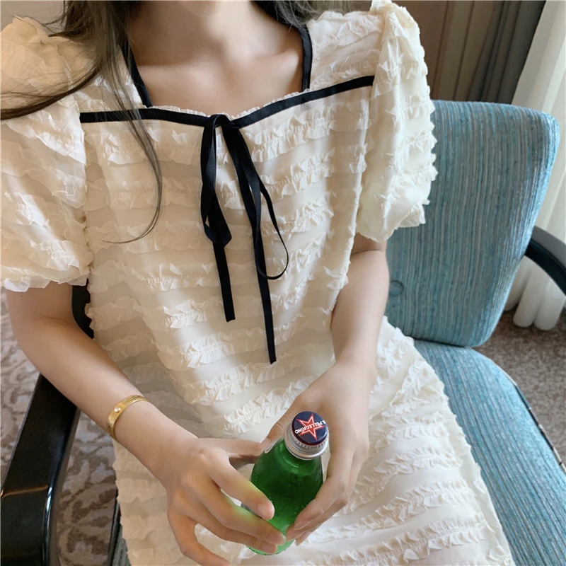 

White Chiffon Mini Dress 2021 Summer New French Lacing Puff Sleeve Loose Casual Elegant Dress Women