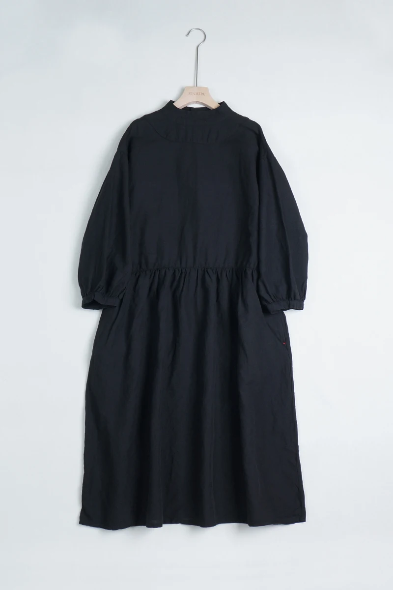 

2020 Spring Summer Wind Cotton Linen Dress Loose Thin Stand-Up Collar 7-Point Lantern Sleeve Black Buttoned Dress Women