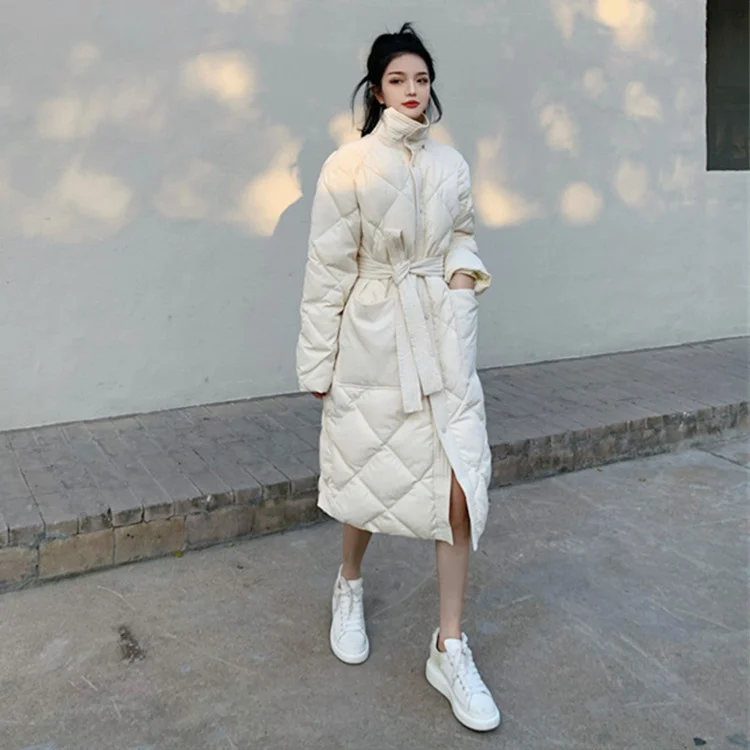 

2021 Winter New Fashion Korean Style Foreign Temperament Medium and Long Diamond Lattice Loose Thickened Warm Cotton Jacket