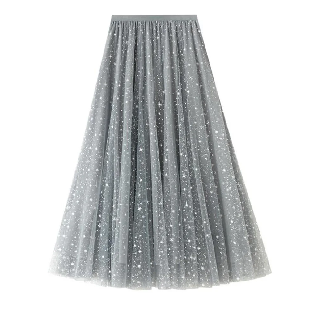 

Summer Glitter Star Long Tulle Skirt Women Fairy Black Pink High Waist Mesh Pleated Tutu Skirt Elegant Female Korean Maxi Skirts