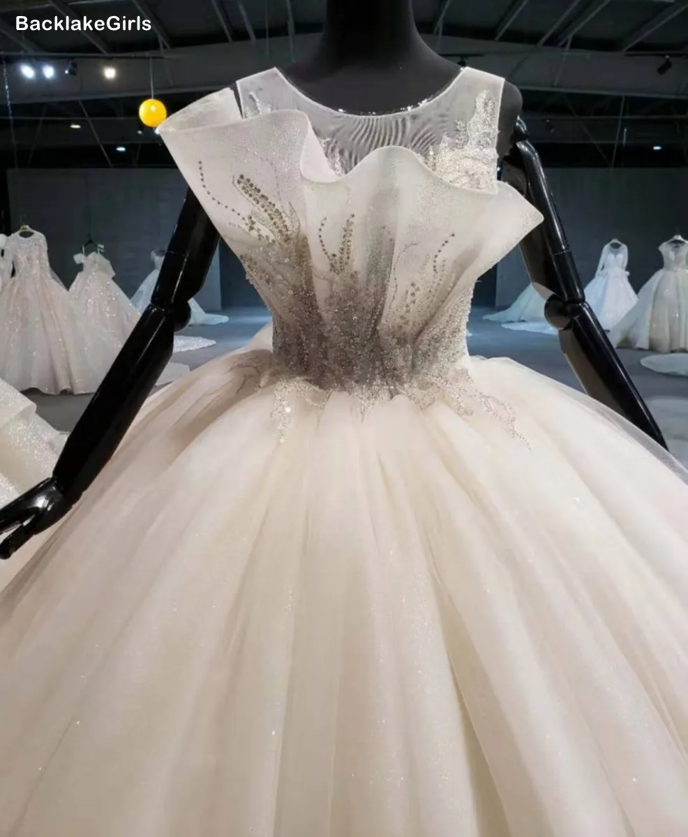 Boho Свадебное платье 2020 Новое блестящее роскошное бальное с круглым вырезом и