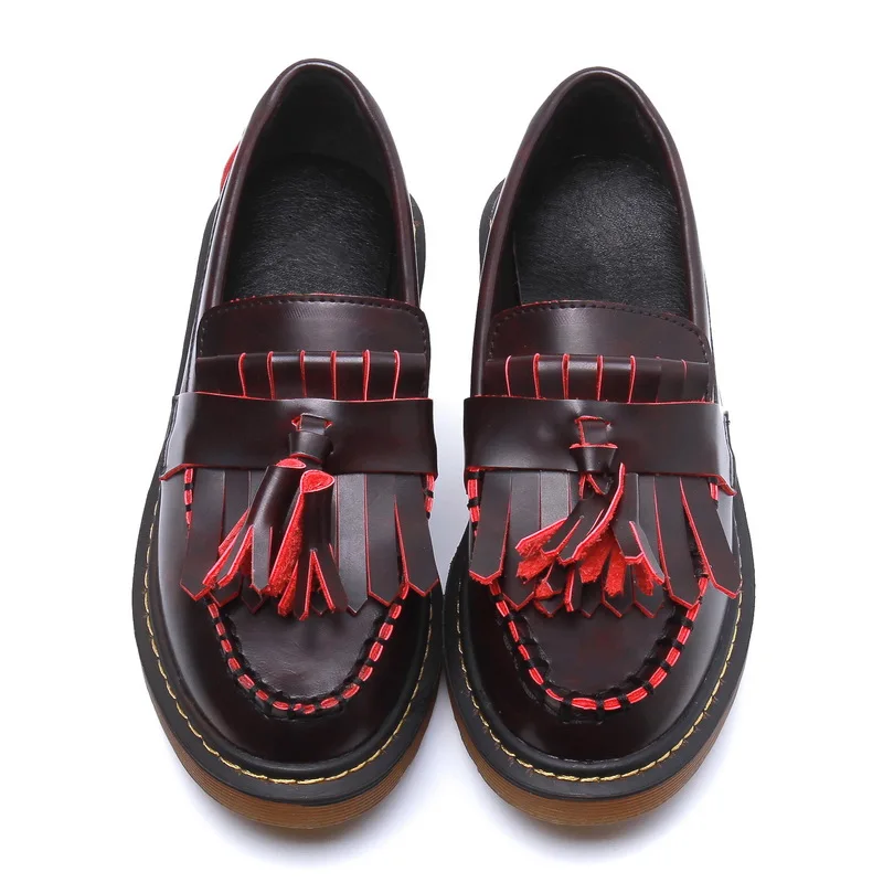 Wine Red Leather Классические женские лоферы с бахромой в стиле ретро; слипоны; женские туфли-оксфорды из мягкой кожи на плоской подошве для женщин; большие размеры 10, 11, 12 - Цвет: Wine Red Leather