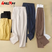 2021 summer womens pure linen cotton pants capri vintage casual high waisted loose plus size harem pants for women trousers