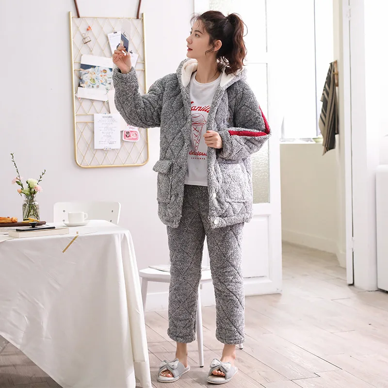 Winter Pajamas with Cotton Women's Three-layer Beibei Plush Warm Set Flannel Cationic Hoodie  Pajamas for Women  Pajamas