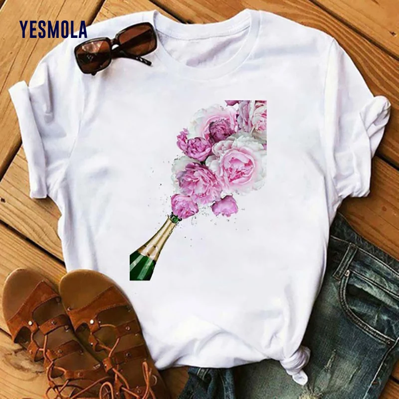 

YESMOLA Woman T-shirts Wine High Heel Shoes White Ladies Shirt Tops Print Tshirt Female 2021 Summer Short Sleeve Tee Shirt