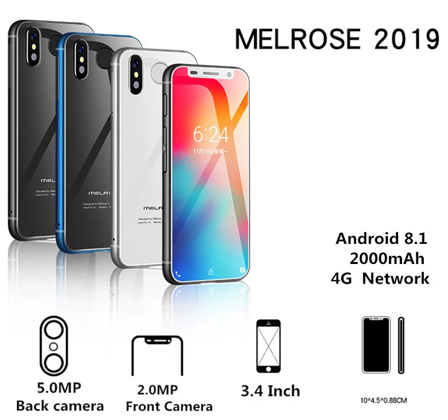 Супер Мини Melrose 4G Lte маленький смартфон 3,4 ''MTK6739 четырехъядерный Android 8,1 отпечаток пальца ID 2000 мАч мобильный телефон