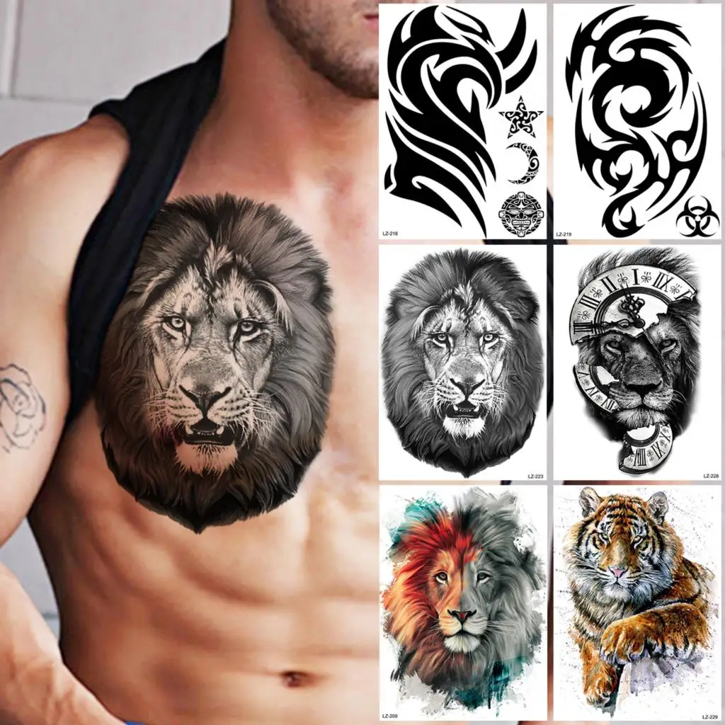 

Black Lion Temporary Tattoos For Men Boys Realistic Thorns Compass Watercolor Tiger Fake Tattoo Sticker Chest Arm Tatoos