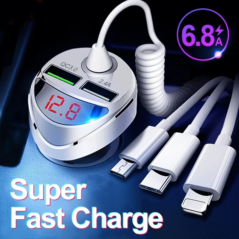 qc 3 0 quick car charger with 3 in 1 usb cable for iphone 11 7 samsung xiaomi huawei micro usb type c fast phone charge charger free global shipping