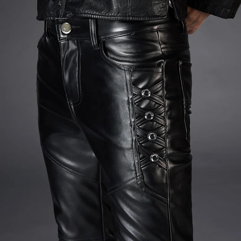 Мужские кожаные брюки в стиле панк рок мужские тонкие мотоциклетные из