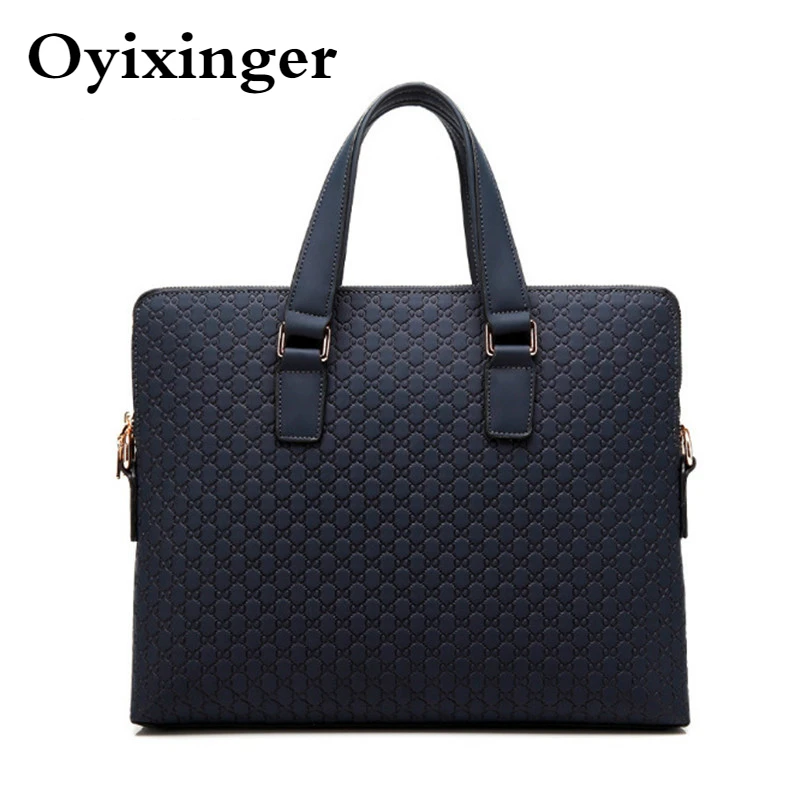 

Double Zipper Genuine Leather Men Briefcase Blue Shoulder Diagonal Black Leather Male 14.1" Laptop Messenger Bag Man Handbag New