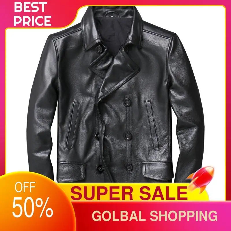 

2021 Black Long Casual Style Genuine Leather Jacket Men Plus Size 5XL Real Natural Soft Cowhide Autumn 740 Peacoat