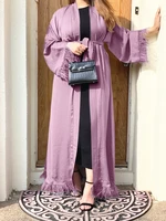 muslim open abaya dress kimono for women summer fashion cardigan feather trimmed hijab robe inner dress dubaturkey clothes