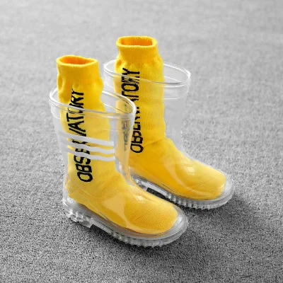 with sockes Детские резиновые сапоги для мальчиков; прозрачная детская водонепроницаемая обувь для девочек; Мягкие резиновые сапоги из пвх; высокие резиновые сапоги для мальчиков и девочек - Цвет: with sockes