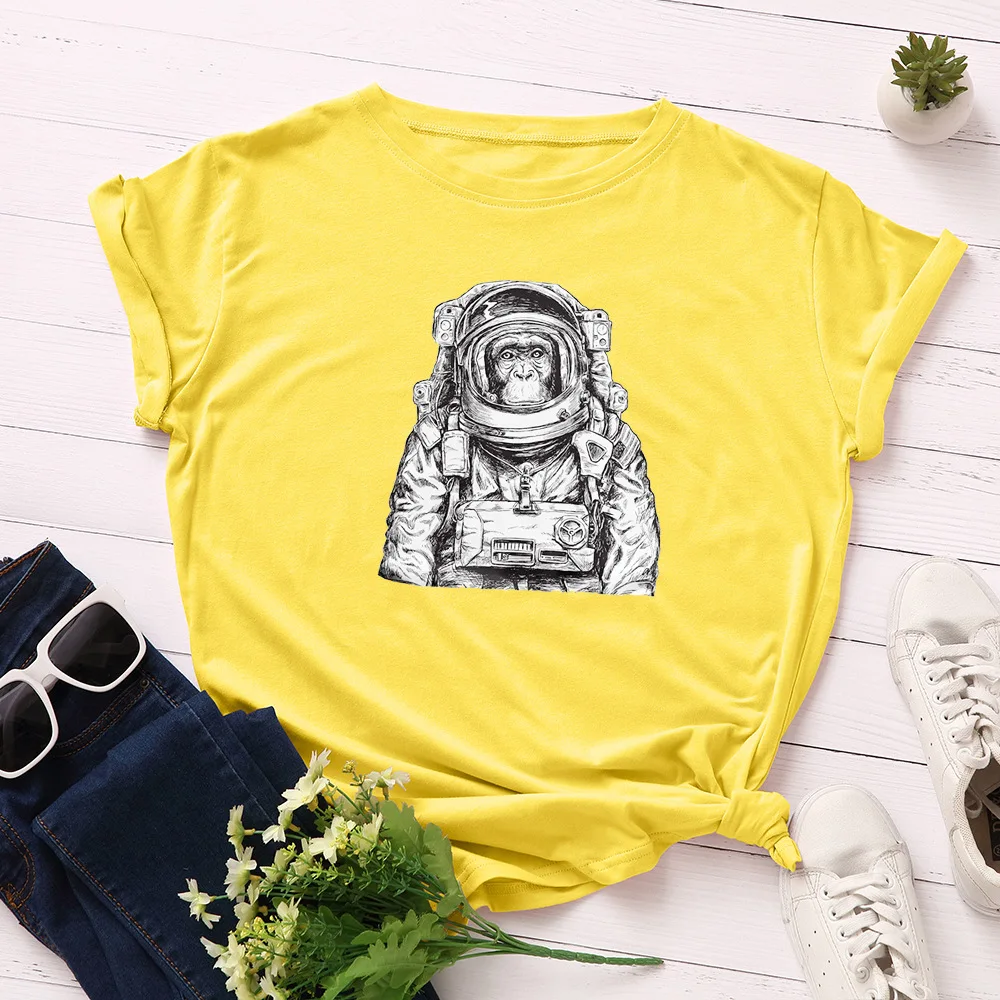 

Plus Size S-5XL 100% Cotton T-Shirt Astronaut Orangutan Print T Shirt Women O Neck Short Sleeve Tees Tops Summer Female Tshirts
