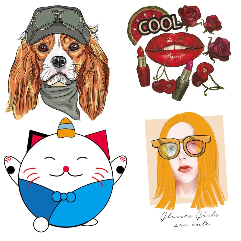 

Floral Cat Cartoon Girl Applique Hot Stamping Clothing Decoration Sticker Fashion Heat Transfer Children's Clothes Applique