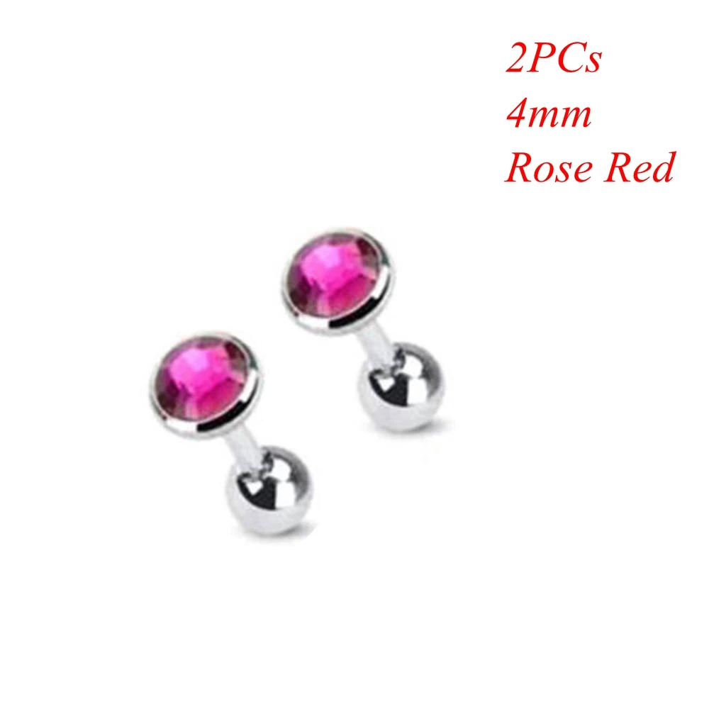 4mm rose red 2 шт хирургическая сталь драгоценный камень штанга ушной хрящ трагус спираль серьга-гвоздик для пирсинга Циркон многоцветные серьги гвоздики ювелирные аксессуары - Окраска металла: 4mm rose red