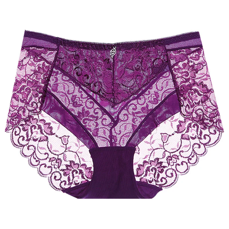 dark purple Сексуальные кружевные прозрачные женские трусики, средняя талия, Цветочные Полые роскошные трусы, бесшовное нижнее белье, дышащее Нижнее белье Calcinha - Цвет: dark purple