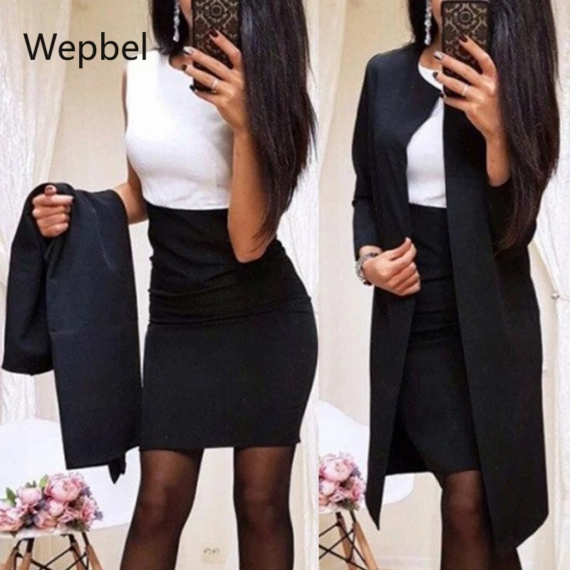 Wepbel-Conjuntos de vestidos de cintura alta para mujer, trajes de negocios con costuras, cárdigan de Color sólido, Blazer, conjuntos de abrigo largo