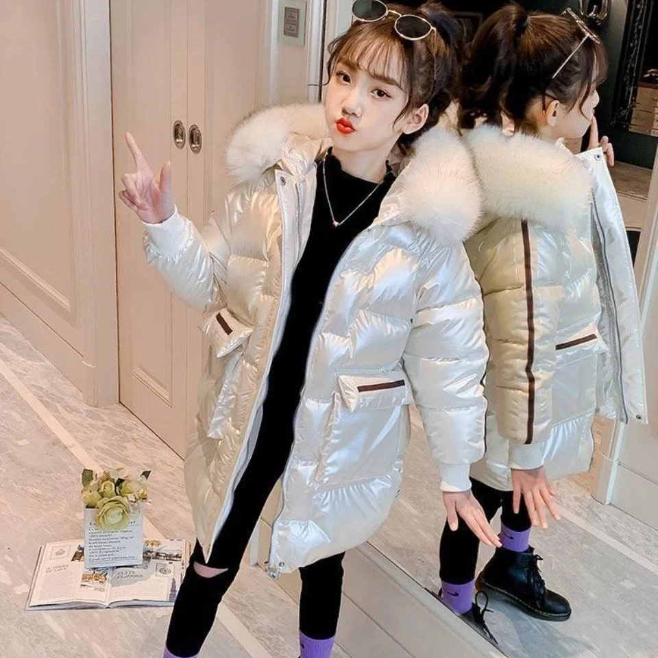 

New Winter Parkas Teen Girls Hooded Thick Down Cotton Jackets Outerwear Mid-length Coat Waterproof Warm Outwear For 3T- 12Years