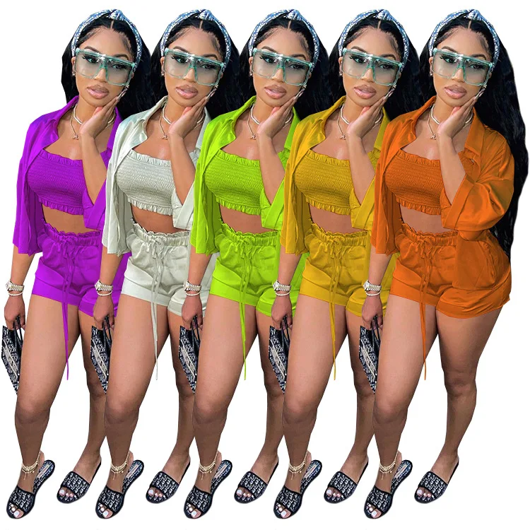 

Solid Streetwear Shorts Set for Women Blouses + Crop Tops + Shorts Matching Three 3 Piece Set Boho Tracksuit Outfits