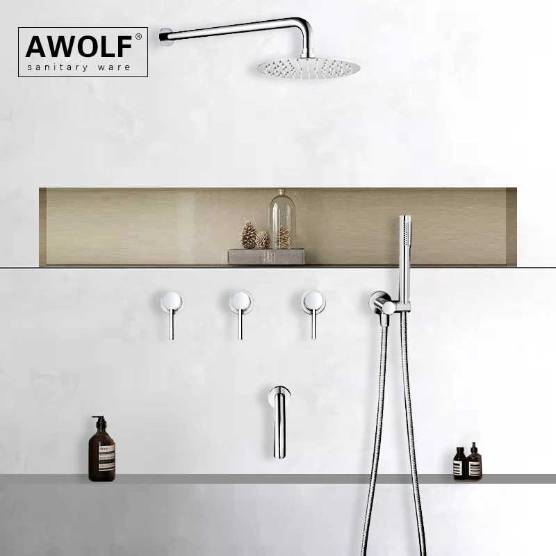 

Awolf Bathroom Shower Set Solid Brass Chrome Shower System Bath Mixer Black Brushed Rose Gold Bathtub Shower Faucet Tap AH3023