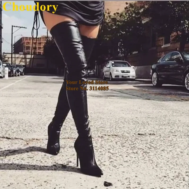 Черные облегающие сапоги чулки Choudory с острым носком на тонком высоком каблуке