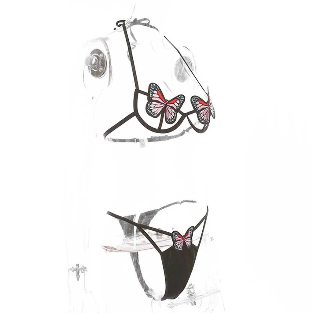 Комплект милого нижнего белья с вышивкой бабочки бюстгальтер бантом стринги