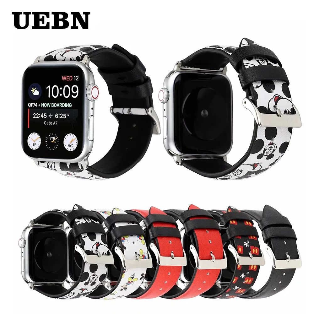 

Кожаный ремешок UEBN для apple watch 38 42 40 44 мм, классический кожаный браслет с пряжкой для iwatch series 4 3 2 1, ремешок для наручных часов с принтом