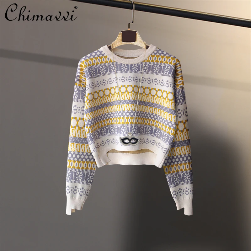 

Retro Jacquard Long Sleeve Knitwear Women's Autumn Winter Outer Wear Crewneck Sweater Female Loose Korean Pullover
