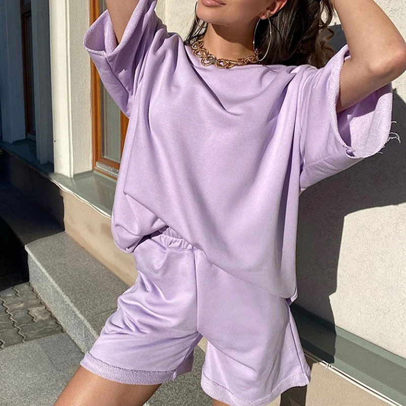 

2 Pieces Set Tracksuit Women's Casual Sets Oversize Solid Short Sleeve T-shirts Women Suit Streetwear Ladies Summer Shorts Suits