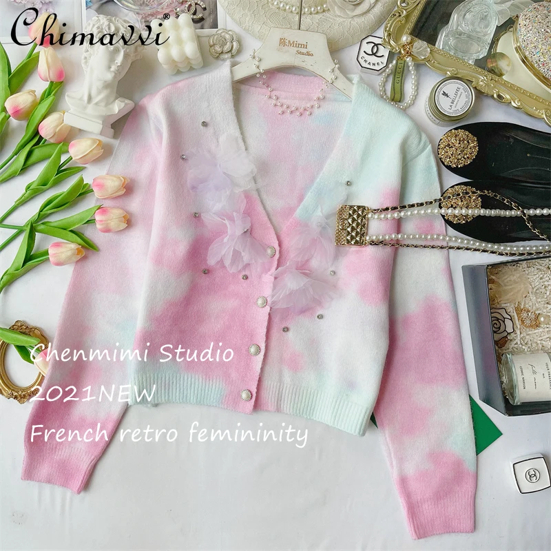 

2021 New Fall Female French Romantic Tie-Dyed Color Sweater Cardigan Top Women's Fashion Sweet 3D Flower V-neck Knitted Coat