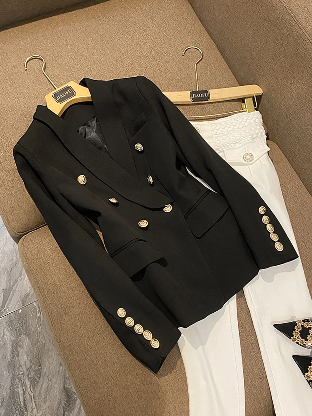 

JUNE LIPS 2021 All-Match Dusty Pink Green Blue Nude Black White Red Blazer Jacket Women's Gold Buttons Double Breasted Blazer