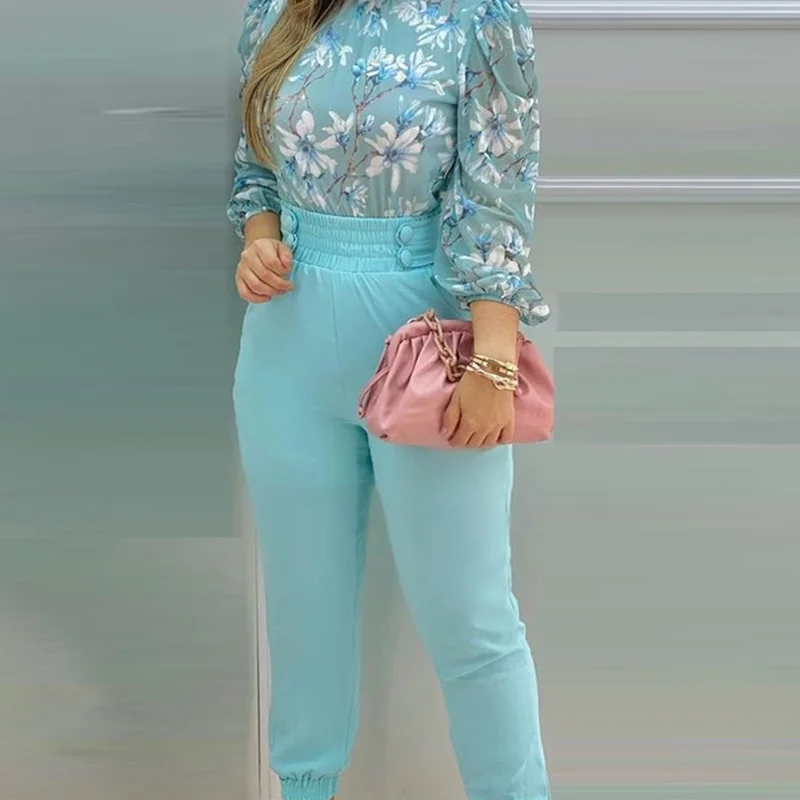 

Женский костюм из двух предметов, блузка с длинным рукавом и брюки с цветочным принтом, костюм для отпуска, Новинка лета 2021