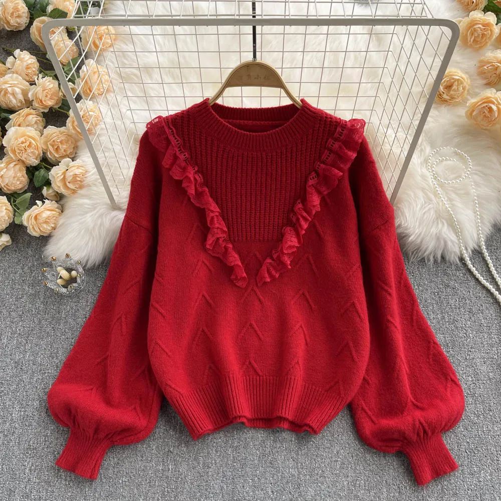 

Кружевной вязаный Топ D0219 с кружевными деревянными ушками и пышными рукавами Женский универсальный топ в западном стиле на осень и зиму