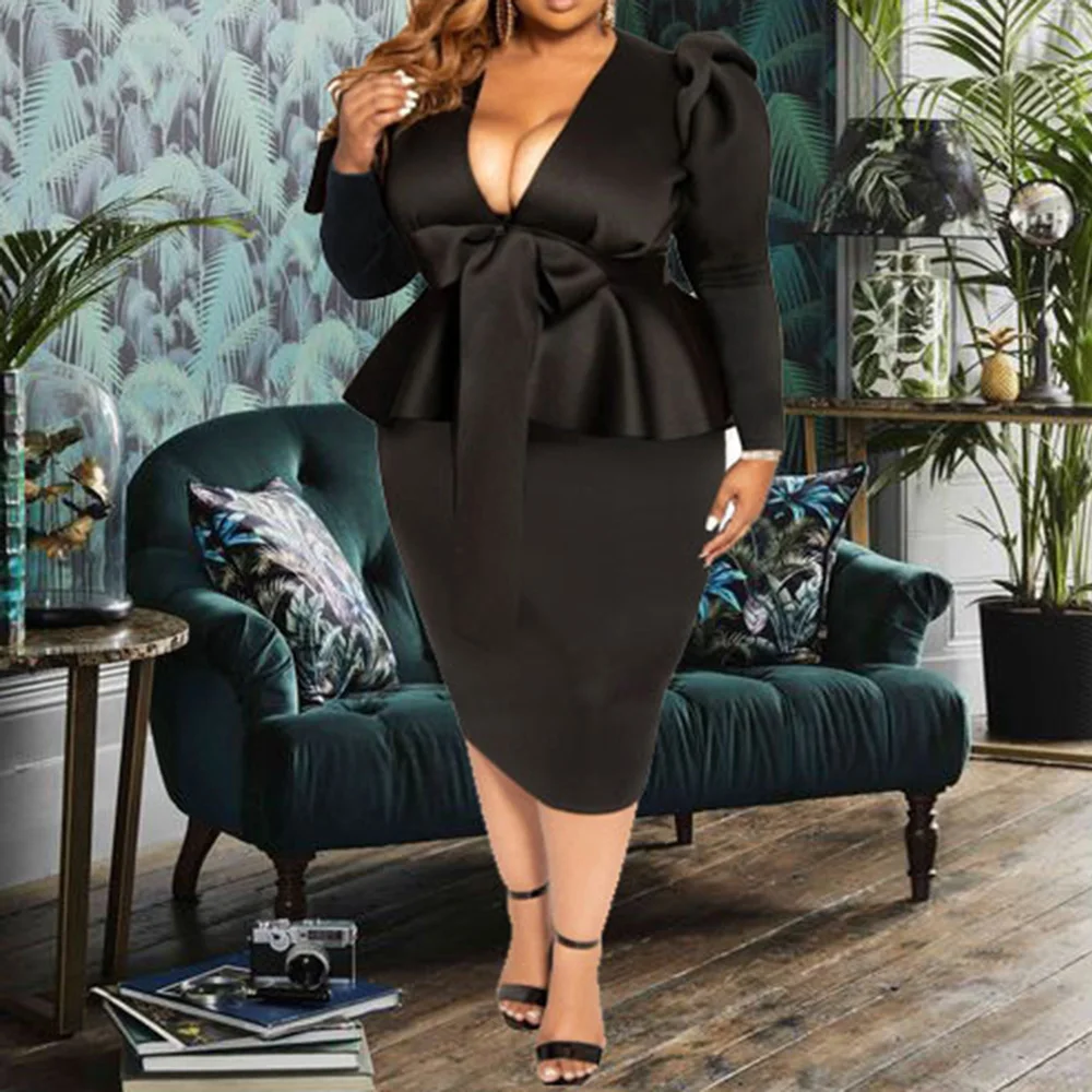 

Plus Size Women Dress Sexy Deep V Neck Tunic Peplum Ruffles Solid Black Vestido Female Long Sleeve Midi Autumn Winter Dresses