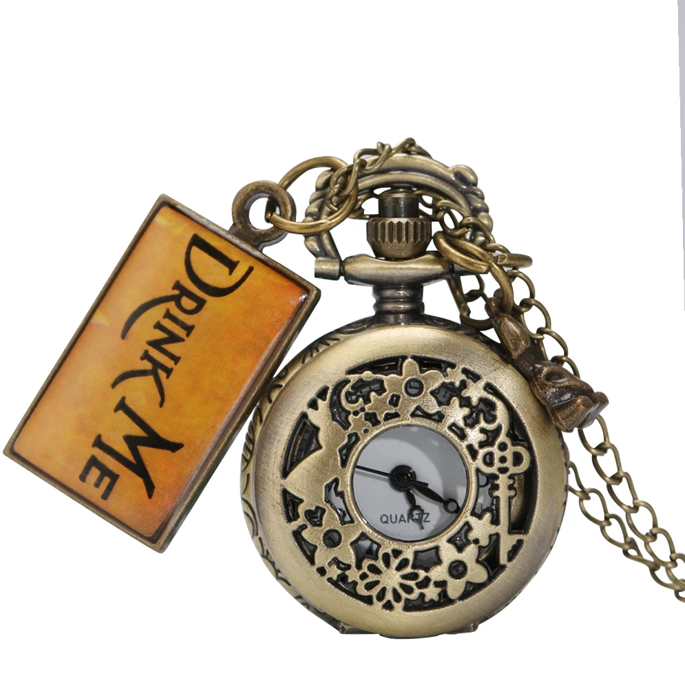 

Alice In Wonderland Series Necklace Pendant Quartz Pocket Watch with Drink Me Tag Rabbit Accessory Clock Gifts for Boys Girls
