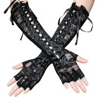 womens sexy elbow length fingerless laceup arm warmer black long sheer lace gloves studed punk half finger night club outfit