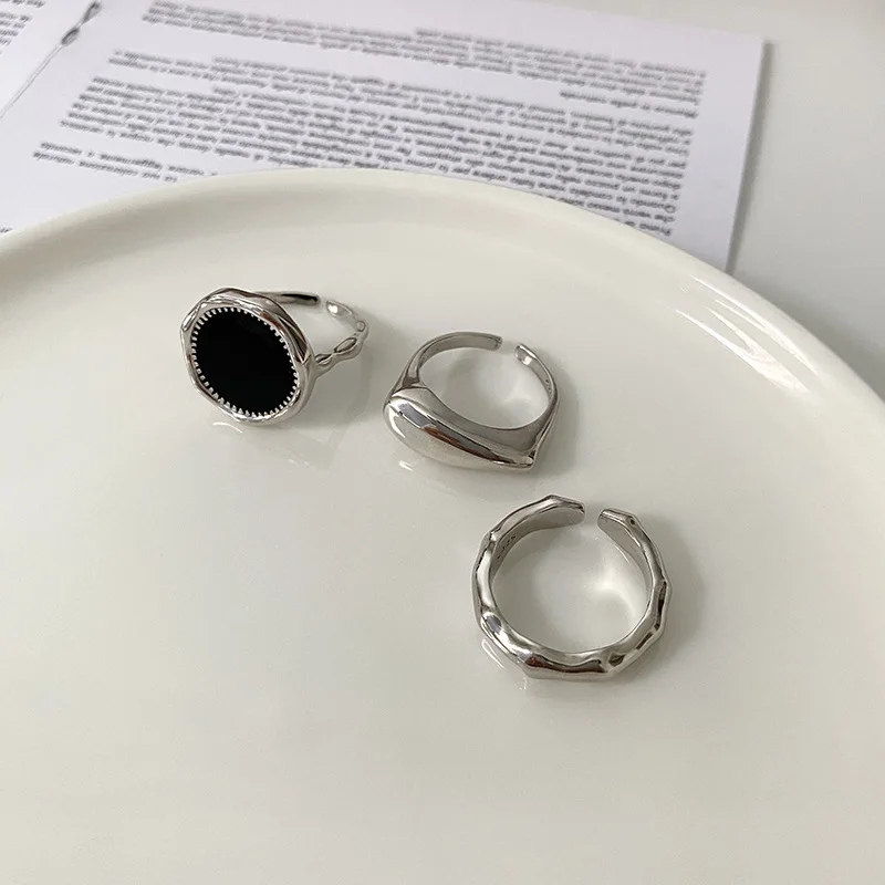 

QMCOCO Retro 925 Sterling Silver Black Round Open Rings for Women Minimalist Irregular Fine Jewelry Birthday Gift