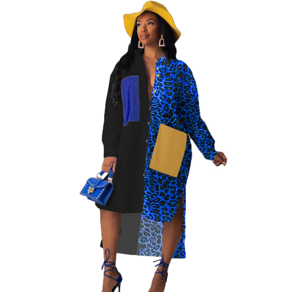 Женское платье-рубашка с длинным рукавом и леопардовым принтом | Женская одежда