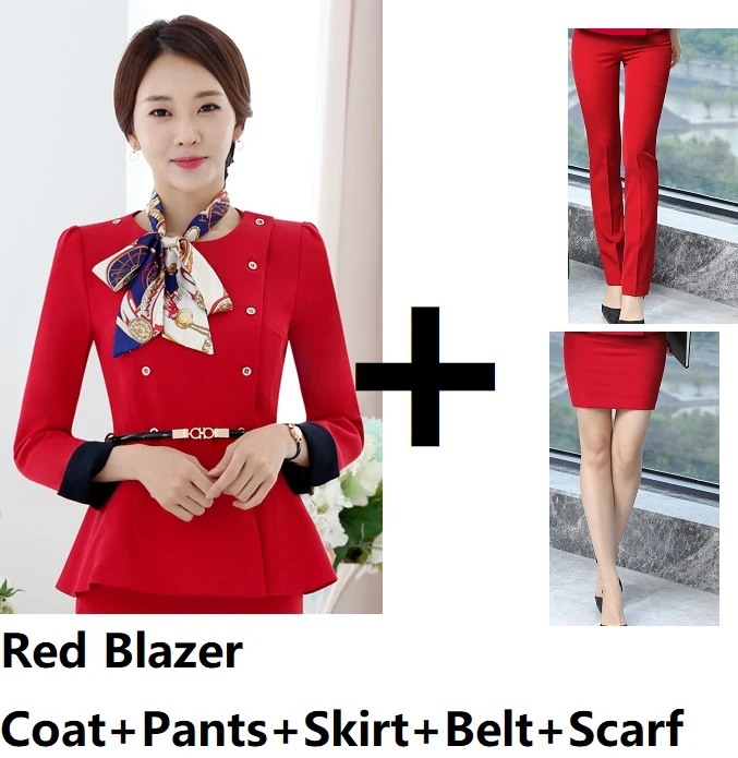 Red Pants Skirt Set Модные костюмы в едином стиле, брючные костюмы с пиджаком и штанами для женщин, женские брючные костюмы, блейзеры, комплекты с шарфом и поясом - Цвет: Red Pants Skirt Set
