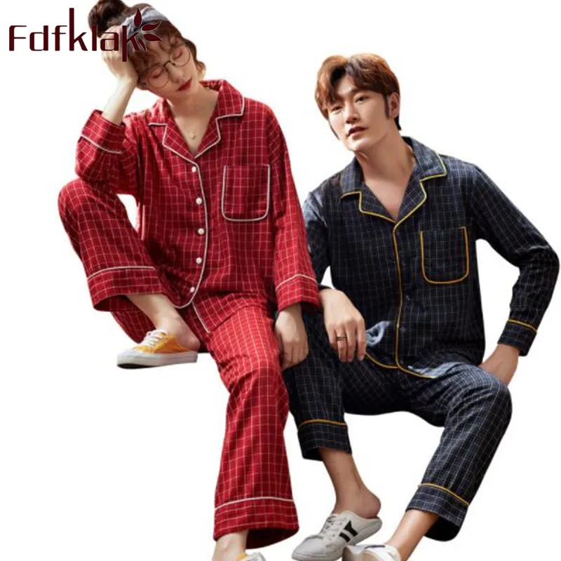Клетчатый пижамный комплект для пар Fdfklak одежда сна с длинным рукавом на весну и