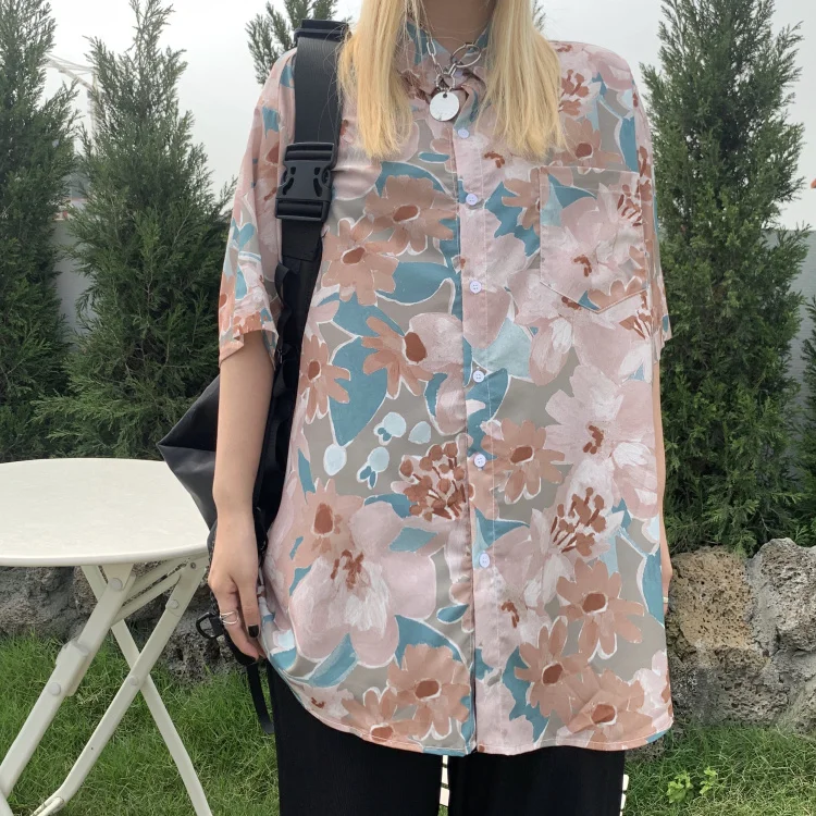 

Floral Print Short Sleeve Shirts for Men 2021 Summer New Fashion Loose Shirt Couple Clothing Lapel Tops Hip Hop Streetwear M-xl