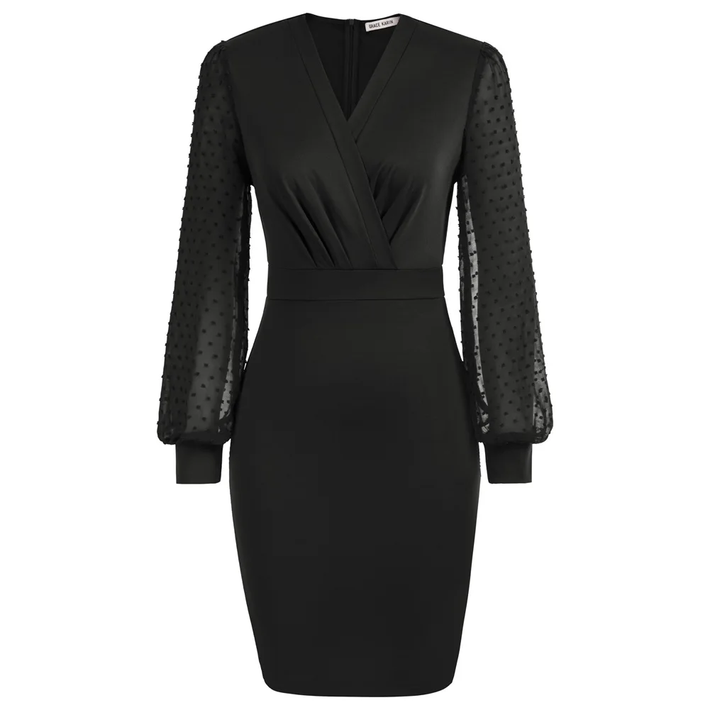 Женское Короткое платье в горошек Grace Karin элегантное облегающее с длинным рукавом